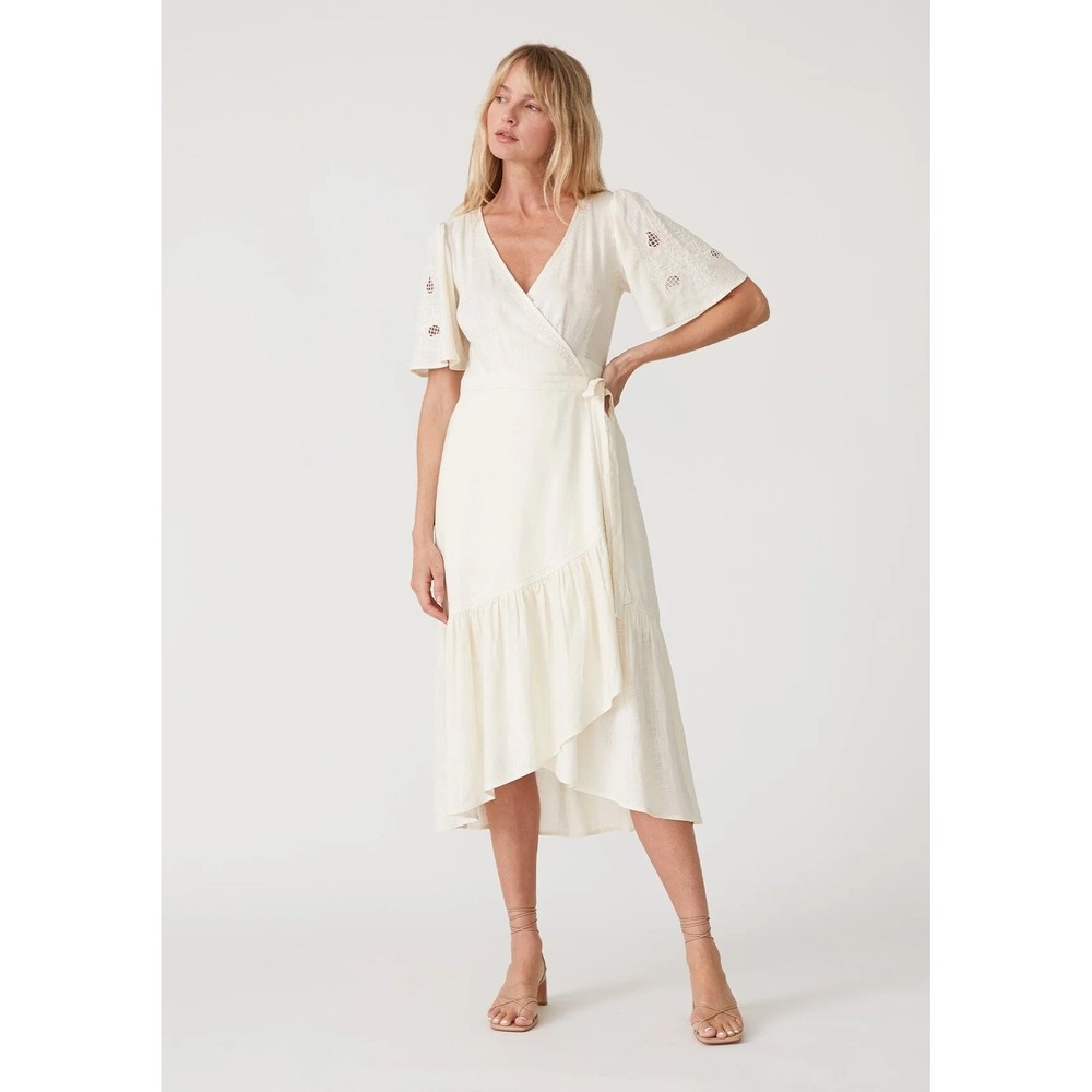 Lovestitch Sadie Embroidered Linen Blend Flutter Sleeve Ivory Wrap Dress Large